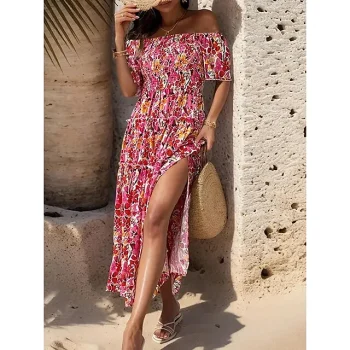 Women's Casual Dress Swing Dress Floral Split Print Off Shoulder Long Dress Maxi Dress Bohemia A Line Street Holiday Short Sleeve Loose Fit Red Summer S M L XL