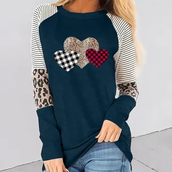 Women's T shirt Tee Cotton Heart Leopard Plaid Casual Going out Black Navy Blue Khaki Print Long Sleeve Fashion Round Neck Regular Fit Spring & Fall