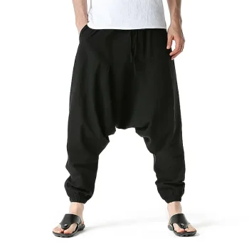 Men's Harem Linen Pants Trousers Summer Pants Baggy Drawstring Drop Crotch Plain Full Length Casual Daily Linen / Cotton Blend Ethnic Style Boho Loose Fit Black Navy Blue