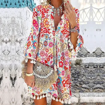 Women's Boho Dress Mini Dress Red Blue Green 3/4 Length Sleeve Floral Print Summer Spring V Neck Fashion Vacation S M L XL XXL XXXL
