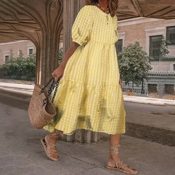 Women's Casual Dress Midi Dress Black Yellow Red Half Sleeve Plaid Ruched Summer Spring Crew Neck Basic S M L XL XXL 3XL 4XL 5XL