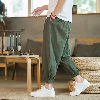 Men's Harem Joggers Linen Pants Trousers Summer Pants Drawstring Plain Outdoor Ankle-Length Home Casual Daily Linen / Cotton Blend Chinoiserie Folk Style Loose Fit ArmyGreen Black Micro-elastic
