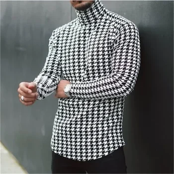 Men's T shirt Tee Turtleneck shirt Long Sleeve Shirt Plaid Houndstooth Rolled collar Casual Holiday Long Sleeve Clothing Apparel Lightweight Muscle Slim Fit Essential