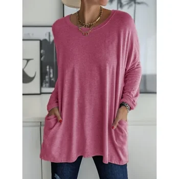 Women's T shirt Tee Plain Daily Weekend Black Pink Red Pocket Long Sleeve Basic Round Neck Regular Fit Fall & Winter