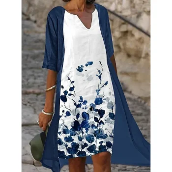 Women‘s Dress Set Two Piece Dress A Line Dress Midi Dress Blue Half Sleeve Floral Print Summer Spring V Neck Casual S M L XL XXL 3XL