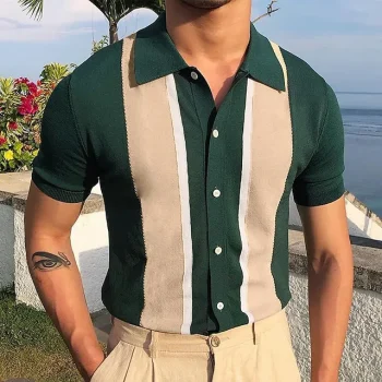 Men's Knit Polo Sweater Polo Shirt Outdoor Street Turndown Button Short Sleeve Casual Striped Button Front Summer Spring Fall Regular Fit Black White Ivory Blue Green Black White Knit Polo Sweater