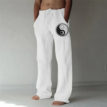 Men's Trousers Summer Pants Beach Pants Elastic Drawstring Design Front Pocket Straight Leg Sun Graphic Prints Soft Outdoor Casual Daily For Vacation Fashion Streetwear White Green