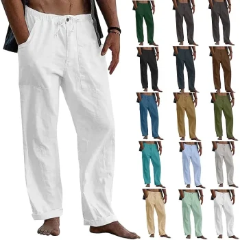 Men's Linen Pants Trousers Summer Pants Drawstring Elastic Waist Straight Leg Plain Comfort Daily Going out Linen / Cotton Blend Fashion Streetwear Dark Grey Black