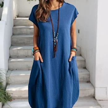 Women's Cotton Linen Dress Casual Dress Shift Dress Midi Dress Cotton And Linen Casual Classic Outdoor Daily Vacation Crew Neck Pocket Short Sleeve Summer Spring Fall Regular Fit Black White