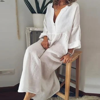 Women‘s Casual Dress Shirt Dress Cotton Linen Dress Shift Dress Maxi long Dress Cotton Casual Winter Dress Daily Holiday Split Neck Button Rolled Cuff Long Sleeve Spring Fall Winter Linen Loose Fit