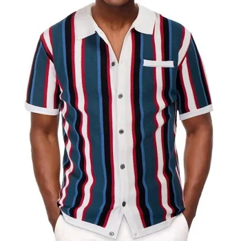 Men's Knit Polo Sweater Polo Shirt Casual Daily Turndown Button Short Sleeve Fashion Chunky Striped Button Front Summer Spring Fall Regular Fit Wine Blue Green Knit Polo Sweater