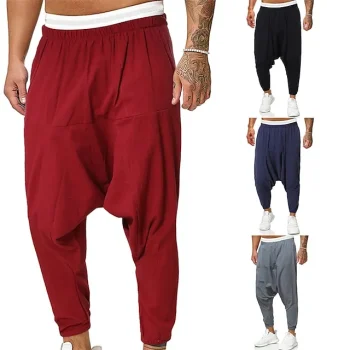 Men's Trousers Baggy Beach Pants Harem Pants Elastic Waist Drop Crotch Solid Color Comfort Breathable Ankle-Length Casual Daily Streetwear Cotton Blend Classic Boho Gray Green Black Micro-elastic