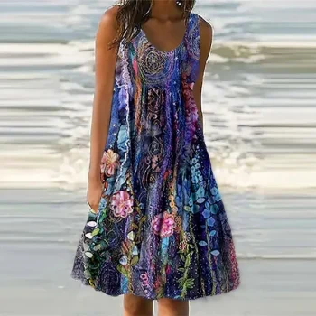 Women's Casual Dress Shift Dress Floral Pocket Print U Neck Midi Dress Vacation Casual Outdoor Daily Sleeveless Regular Fit Purple Summer Spring S M L XL XXL