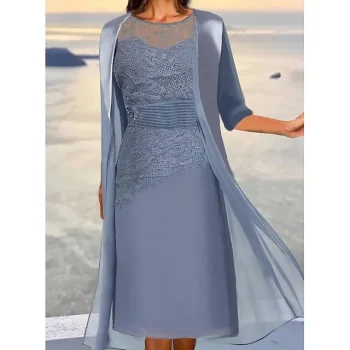Women's Lace Dress Dress Set Wedding Guest Dress Midi Dress Dusty Blue Green 3/4 Length Sleeve Pure Color Lace up Summer Spring Fall Crew Neck Elegant Party Wedding Guest S M L XL 2XL 3XL