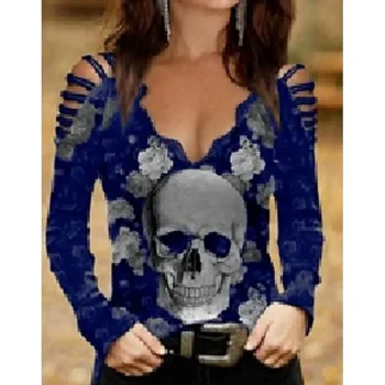 Women's Going Out Tops Burgundy Tee Halloween Shirt Blouse Floral Skull Halloween Casual Weekend Cold Shoulder Black Wine Blue Print Cut Out Long Sleeve Basic Off Shoulder V Neck Regular Fit Fall