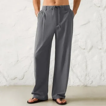 Men's Linen Pants Trousers Summer Pants Beach Pants Drawstring Wide Leg Front Pocket Plain Comfort Soft Casual Daily Linen Cotton Blend Fashion Streetwear Black White Micro-elastic