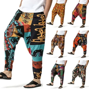Men's Summer Pants Baggy Beach Pants Harem Pants Boho Pants Drawstring Elastic Waist Drop Crotch Print Comfort Breathable Casual Daily Beach Hippie Yoga Black Green Black and Green Micro-elastic