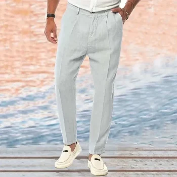 Men's Linen Pants Trousers Summer Pants Pleated Pants Straight Leg Plain Comfort Outdoor Casual Daily Linen / Cotton Blend Basic Streetwear White Khaki