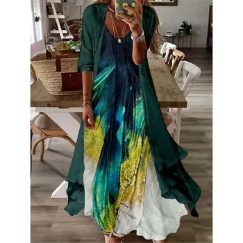 Women's Casual Dress Dress Set Two Piece Dress Maxi long Dress Pink Brown Green Long Sleeve Tribal Print Summer Spring V Neck Fashion Loose Fit S M L XL XXL 3XL
