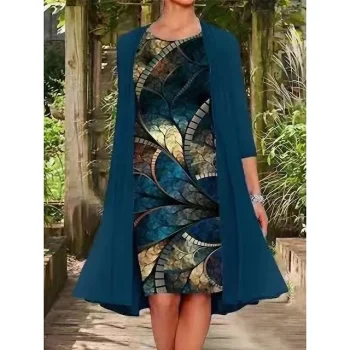 Women's Two Piece Dress Set Shift Dress Chiffon Dress Daily Going out Casual Print Midi Dress Crew Neck 3/4 Length Sleeve Floral Regular Fit Navy Blue Light Purple Purple Summer Spring M L XL XXL XXXL