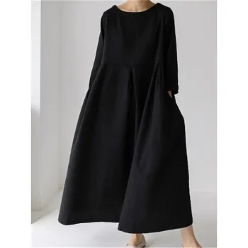 Women's Cotton Linen Dress Casual Dress Swing Dress Maxi long Dress Cotton Blend Basic Classic Outdoor Daily Crew Neck Pocket Smocked Long Sleeve Summer Spring Fall Loose Fit Black Yellow Green