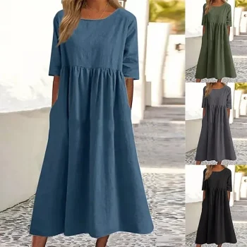 Women's Casual Dress Cotton Dress Swing Dress Midi Dress Cotton Basic Casual Outdoor Daily Crew Neck Pocket Smocked Half Sleeve Summer Spring Fall Loose Fit Light Blue Black White Pure Color S M