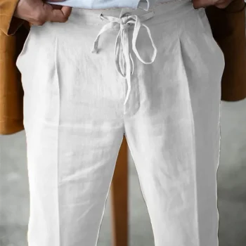 Men's Linen Pants Trousers Summer Pants Beach Pants Plain Breathable Soft Casual Daily Holiday Linen Cotton Blend Fashion Streetwear White Navy Blue Inelastic