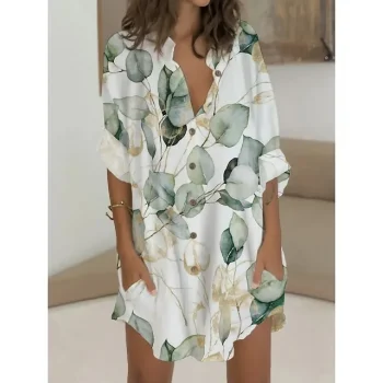 Women's Shirt Dress Casual Dress Shift Dress Mini Dress Outdoor Date Vacation Polyester Fashion Modern V Neck Button Pocket 3/4 Length Sleeve Summer Spring Regular Fit White Yellow Red Graphic