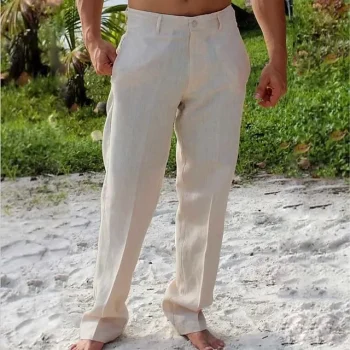 Men's Linen Pants Trousers Summer Pants Beach Pants Front Pocket Straight Leg Plain Comfort Breathable Casual Daily Holiday Linen / Cotton Blend Streetwear Designer White Navy Blue
