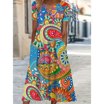 Women's Ethnic Dress Shift Dress Floral Paisley Print Pocket V Neck Midi Dress Vintage Ethnic Outdoor Vacation Short Sleeve Regular Fit Yellow Blue Purple Summer Spring S M L XL XXL