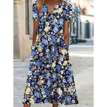Women's Shift Dress Print Dress Floral Pocket Print V Neck Midi Dress Active Fashion Outdoor Vacation Short Sleeve Regular Fit Black Yellow Blue Summer Spring S M L XL XXL
