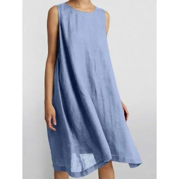 Women's Casual Dress Cotton Linen Dress Swing Dress Midi Dress Cotton Blend Basic Casual Outdoor Daily Crew Neck Ruched Sleeveless Summer Spring Loose Fit Pink Blue Brown Pure Color S M L XL 2XL