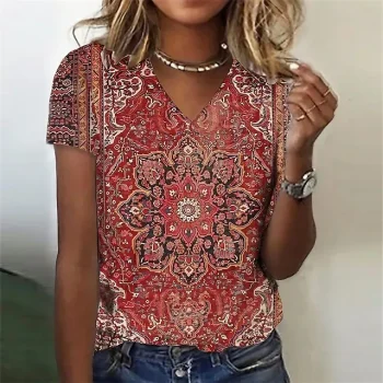 Women's T shirt Tee Floral Holiday Weekend Pink Red Print Short Sleeve Basic Round Neck Regular Fit