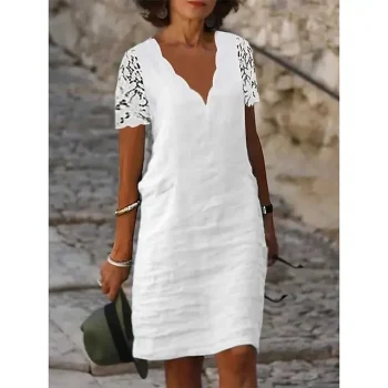 Women's Casual Dress Cotton Linen Dress Shift Dress Midi Dress Cotton Blend Modern Casual Outdoor Daily Vacation V Neck Contrast Lace Lace Short Sleeve Summer Spring Regular Fit White Plain S M