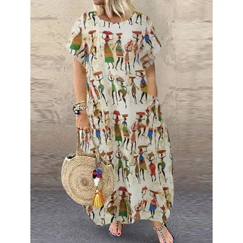 Women‘s Plus Size Curve Casual Dress Shift Dress Graphic Long Dress Maxi Dress Short Sleeve Pocket Print Crew Neck Fashion Daily Khaki Summer Spring L XL XXL 3XL 4XL