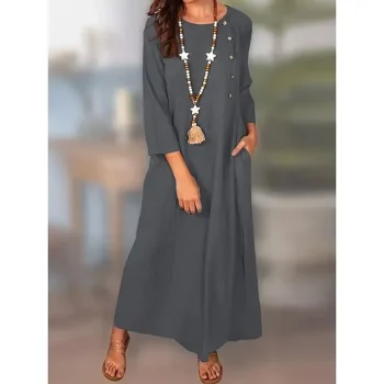 Women's Casual Dress Cotton Linen Dress Shift Dress Maxi long Dress Cotton Blend Fashion Classic Outdoor Daily Vacation Crew Neck Button Pocket Long Sleeve Summer Spring Fall Loose Fit ArmyGreen