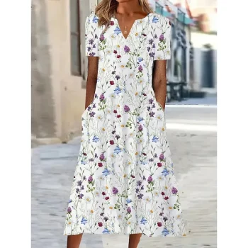Women's Shift Dress Summer Dress Floral Pocket Print V Neck Midi Dress Active Fashion Outdoor Date Short Sleeve Regular Fit White Blue Summer Spring S M L XL XXL