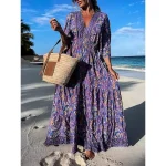 Women's Maxi long Dress Sundress Boho Dress Print Dress Print Bohemia Fashion Holiday Vacation Going out Print Half Sleeve V Neck Dress Regular Fit Blue Purple Green Summer Spring S M L XL XXL