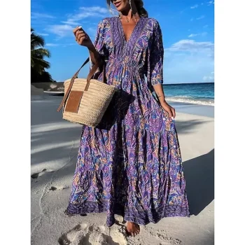 Women's Maxi long Dress Sundress Boho Dress Print Dress Print Bohemia Fashion Holiday Vacation Going out Print Half Sleeve V Neck Dress Regular Fit Blue Purple Green Summer Spring S M L XL XXL