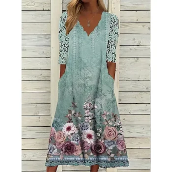 Women's Summer Dress Print Dress Floral Print Lace Scalloped Neck Lace Sleeve Midi Dress Fashion Mature Outdoor Daily Half Sleeve Loose Fit Pink Blue Green Summer Spring S M L XL XXL