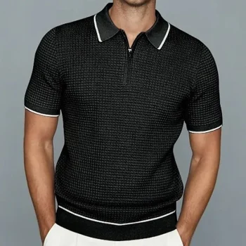 Men's Polo Shirt Knit Polo Sweater Casual Daily Lapel Short Sleeves Stylish Classic Plain Quarter Zip Summer Black Gray Polo Shirt