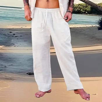 Men's Linen Pants Trousers Summer Pants Beach Pants Drawstring Elastic Waist Straight Leg Plain Comfort Breathable Casual Daily Holiday Linen / Cotton Blend Streetwear Designer White Navy Blue
