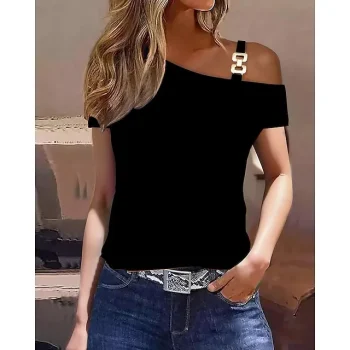 Women's T shirt Tee Galaxy Color Block Plain Work Casual Cold Shoulder Black Blue Brown Print Short Sleeve Casual Off Shoulder Cold Shoulder Form Fit