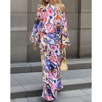 Women's Two Piece Dress Set Casual Dress Sheath Dress Outdoor Daily Fashion Streetwear Print Maxi Dress One Shoulder Long Sleeve Graphic Abstract Loose Fit Red Royal Blue Sky Blue Summer Spring S M L