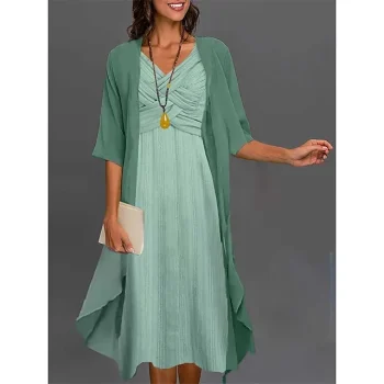 Women's Two Piece Dress Set Casual Dress Chiffon Dress Daily Vacation Fashion Elegant Twist Knot Front Midi Dress V Neck 3/4 Length Sleeve Plain Regular Fit Blue Green Summer Spring S M L XL XXL