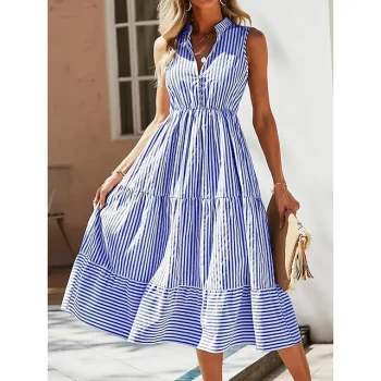 Women's Swing Dress Tank Dress Stripe Print Button V Neck Midi Dress Fashion Modern Daily Holiday Sleeveless Regular Fit Blue Summer Spring S M L XL XXL
