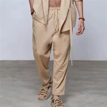 Men's Linen Pants Trousers Summer Pants Beach Pants Drawstring Elastic Waist Straight Leg Plain Comfort Breathable Casual Daily Holiday Linen / Cotton Blend Fashion Designer Blue Brown