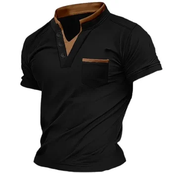 Men's Henley Shirt Tee Top Plain V Neck Street Vacation Short Sleeves Front Pocket Clothing Apparel Fashion Designer Basic