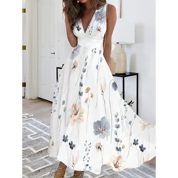 Women's Casual Dress Swing Dress Floral Print V Neck Maxi long Dress Fashion Streetwear Outdoor Daily Sleeveless Regular Fit White Yellow Blue Summer Spring S M L XL XXL