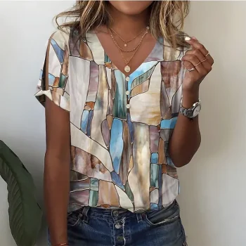 Women's T shirt Tee Graphic Daily Weekend Blue Green Khaki Print Button Cut Out Short Sleeve Basic V Neck Regular Fit